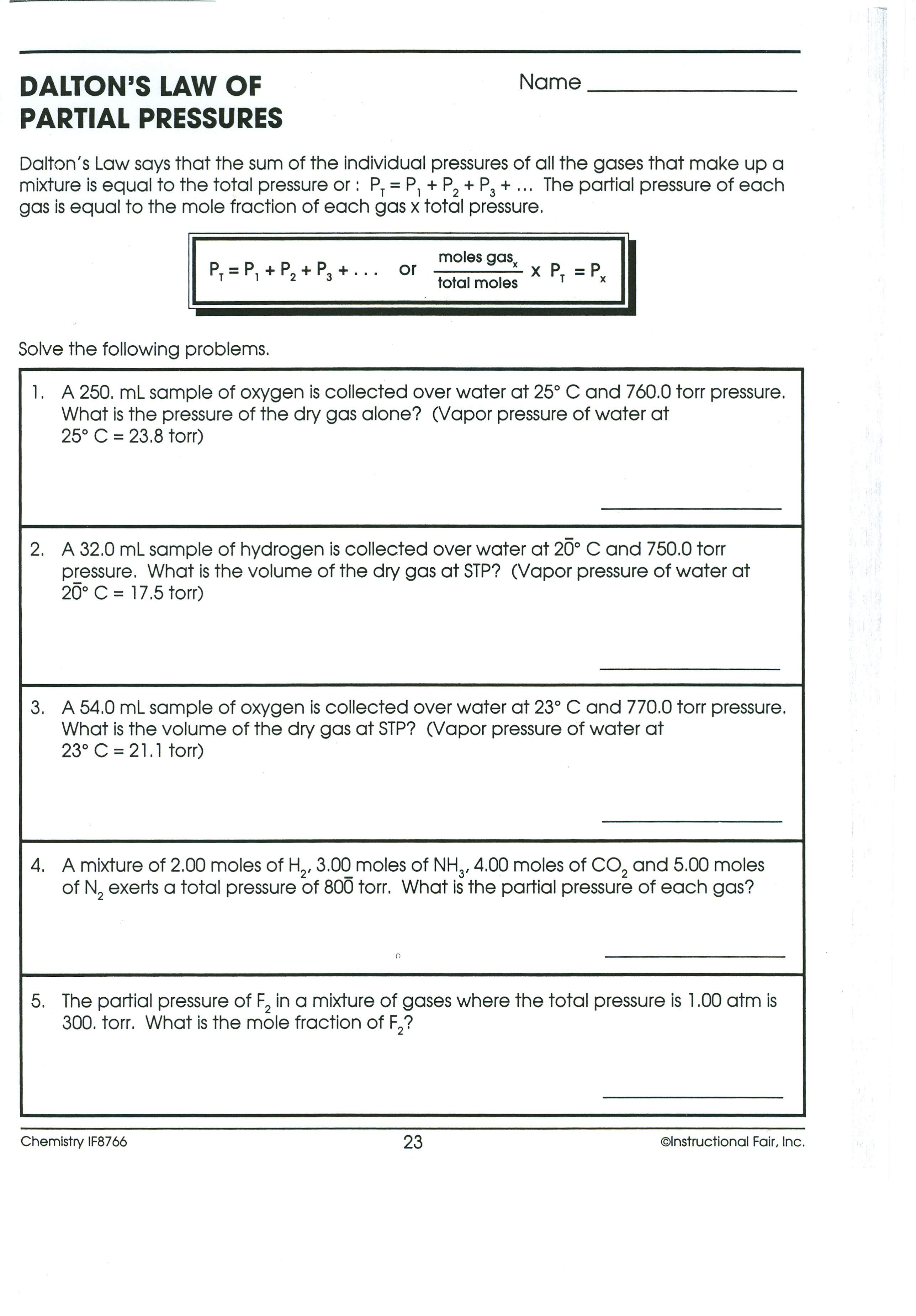 Dalton's Law of Partial Pressure Worksheet - Alicia Barrett | Library |  Formative