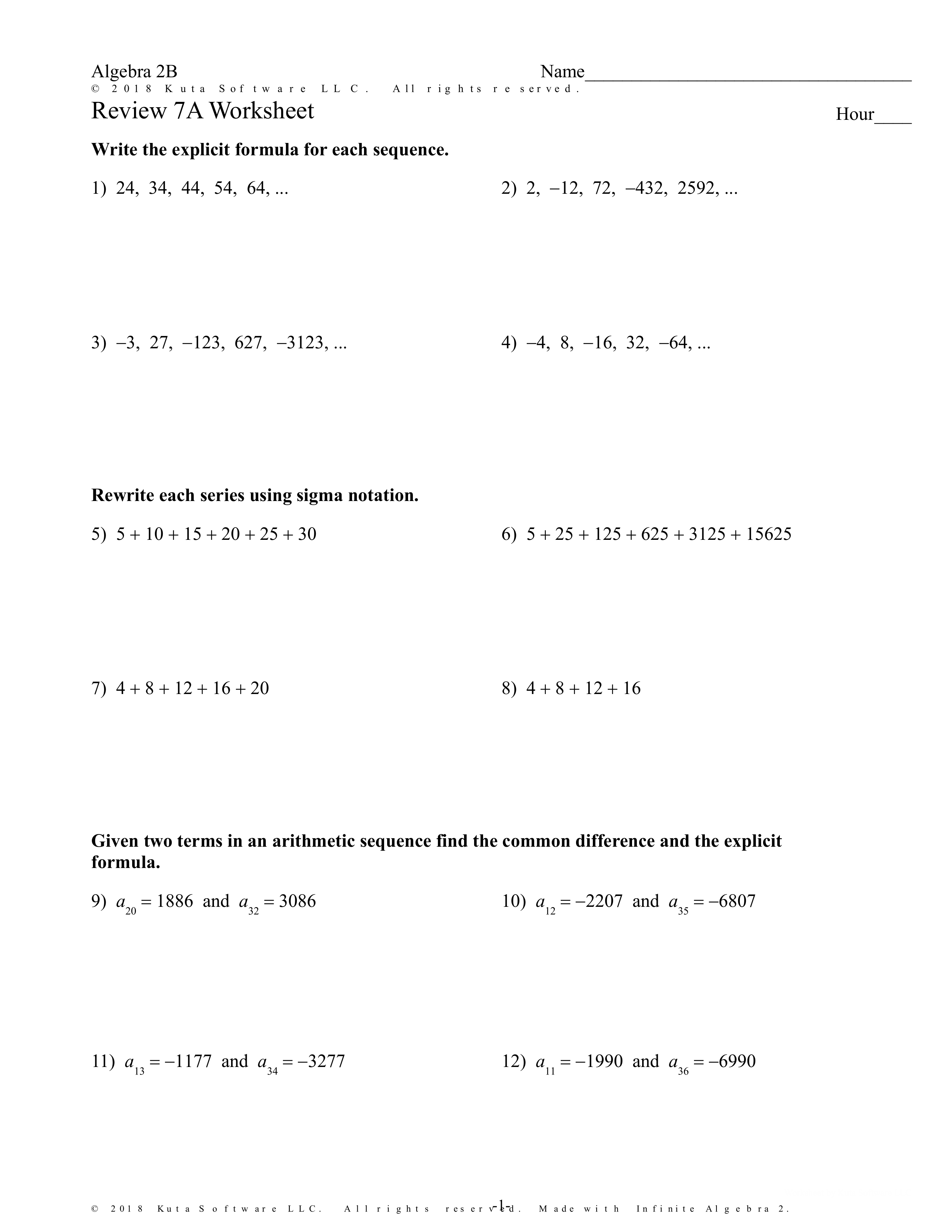 Alg 2B Review 7A Worksheet - Sarah Johnson | Library | Formative