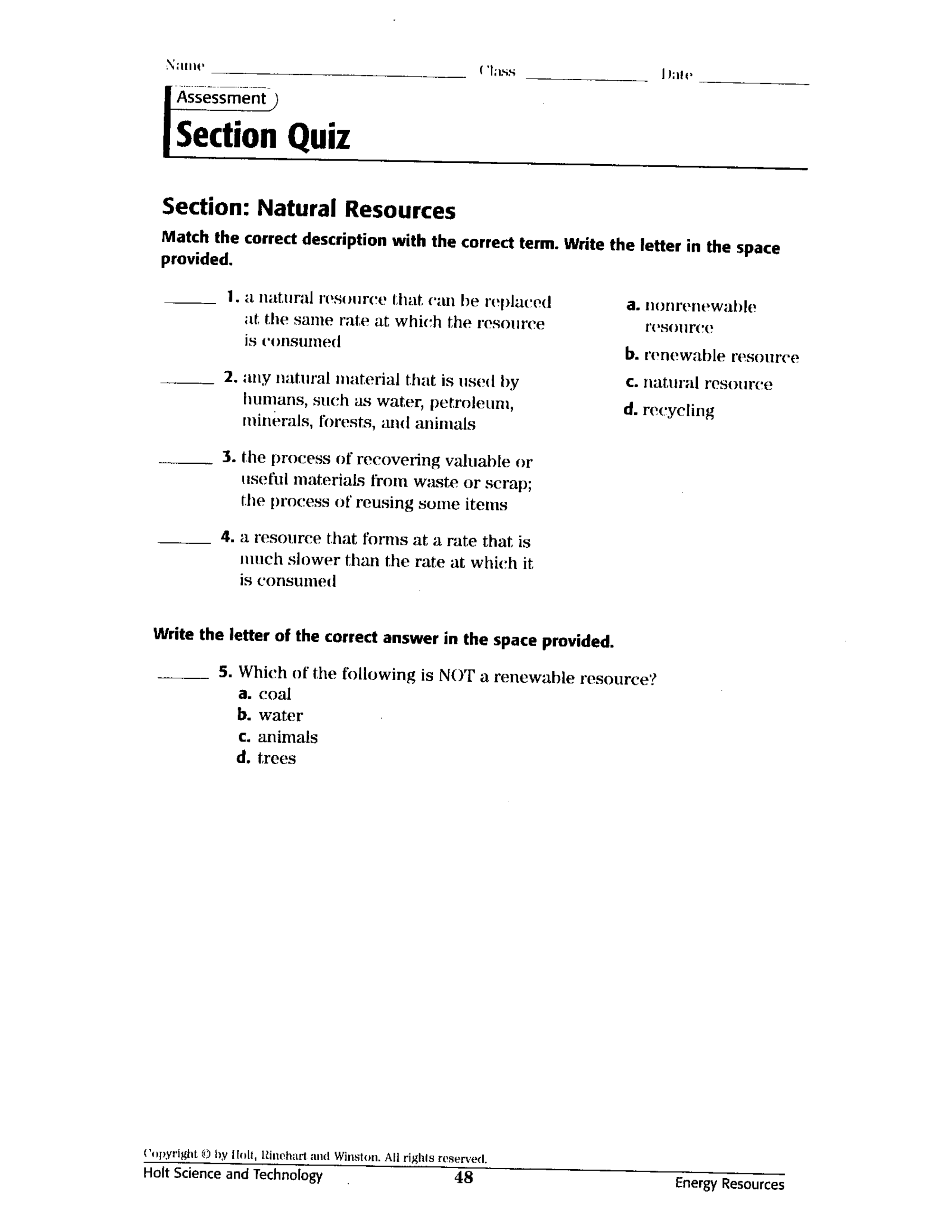 Natural Resources Quiz Craig Fisher Library Formative