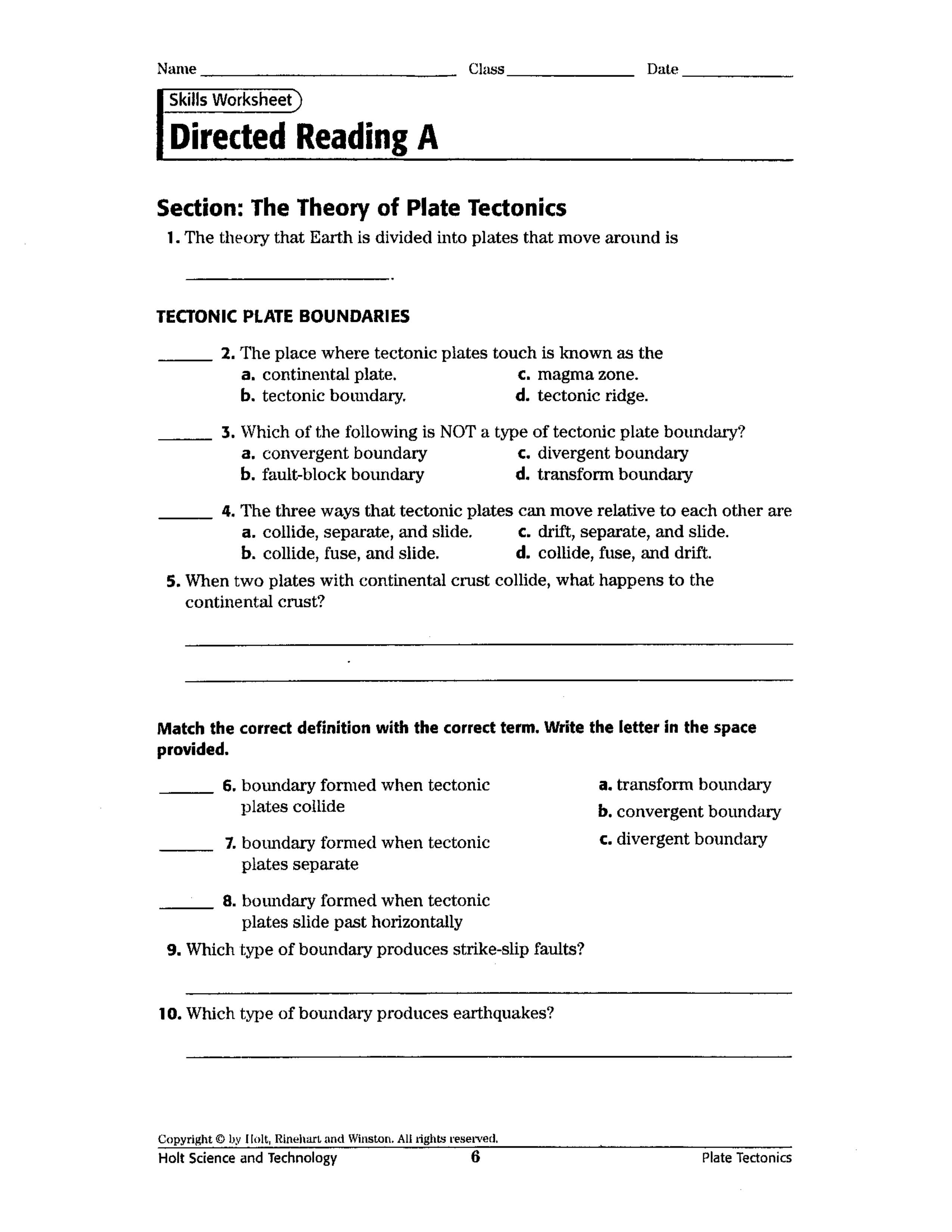 The Theory of Plate Tectonics Worksheet - Craig Fisher | Library | Formative