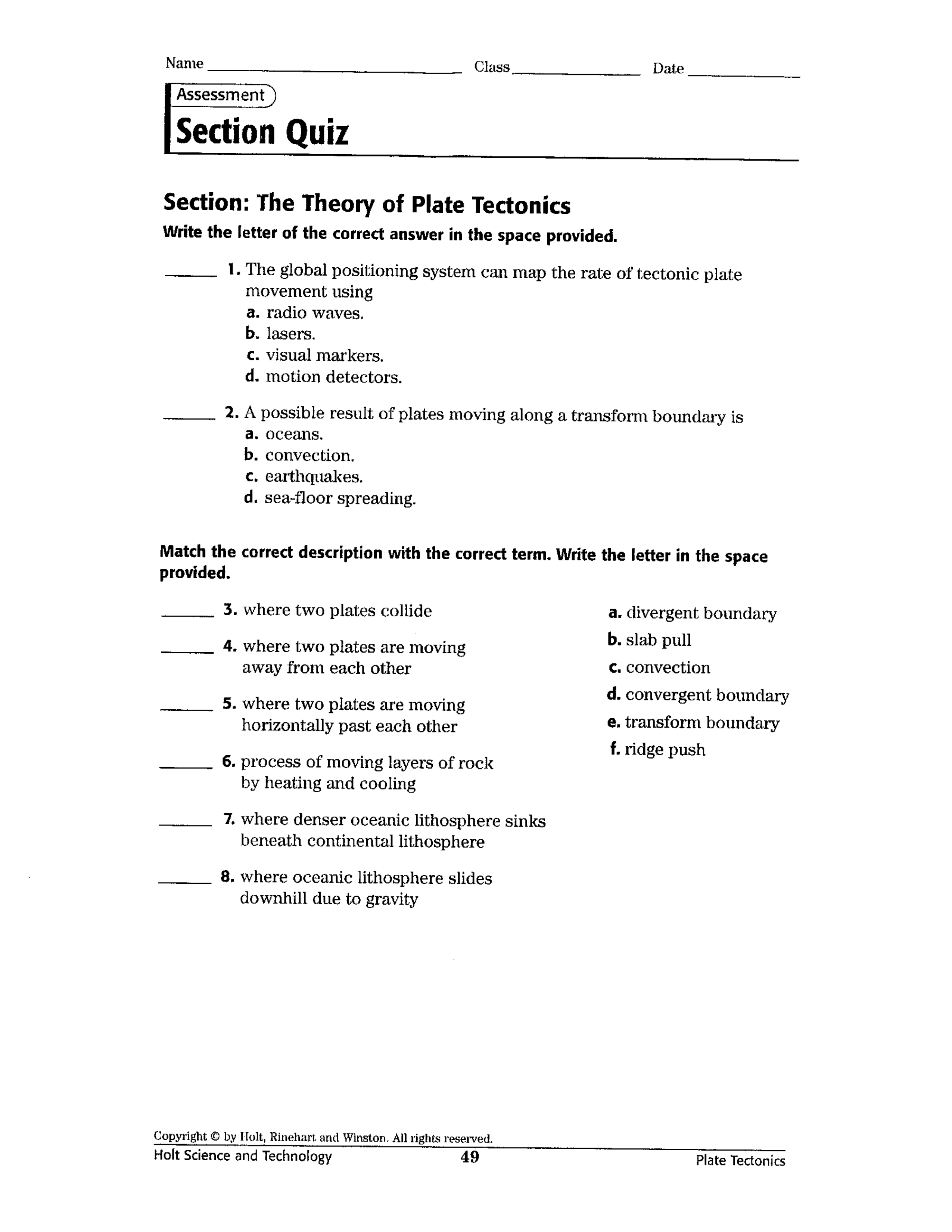 The Theory of Plate Tectonics Quiz Craig Fisher Library Formative
