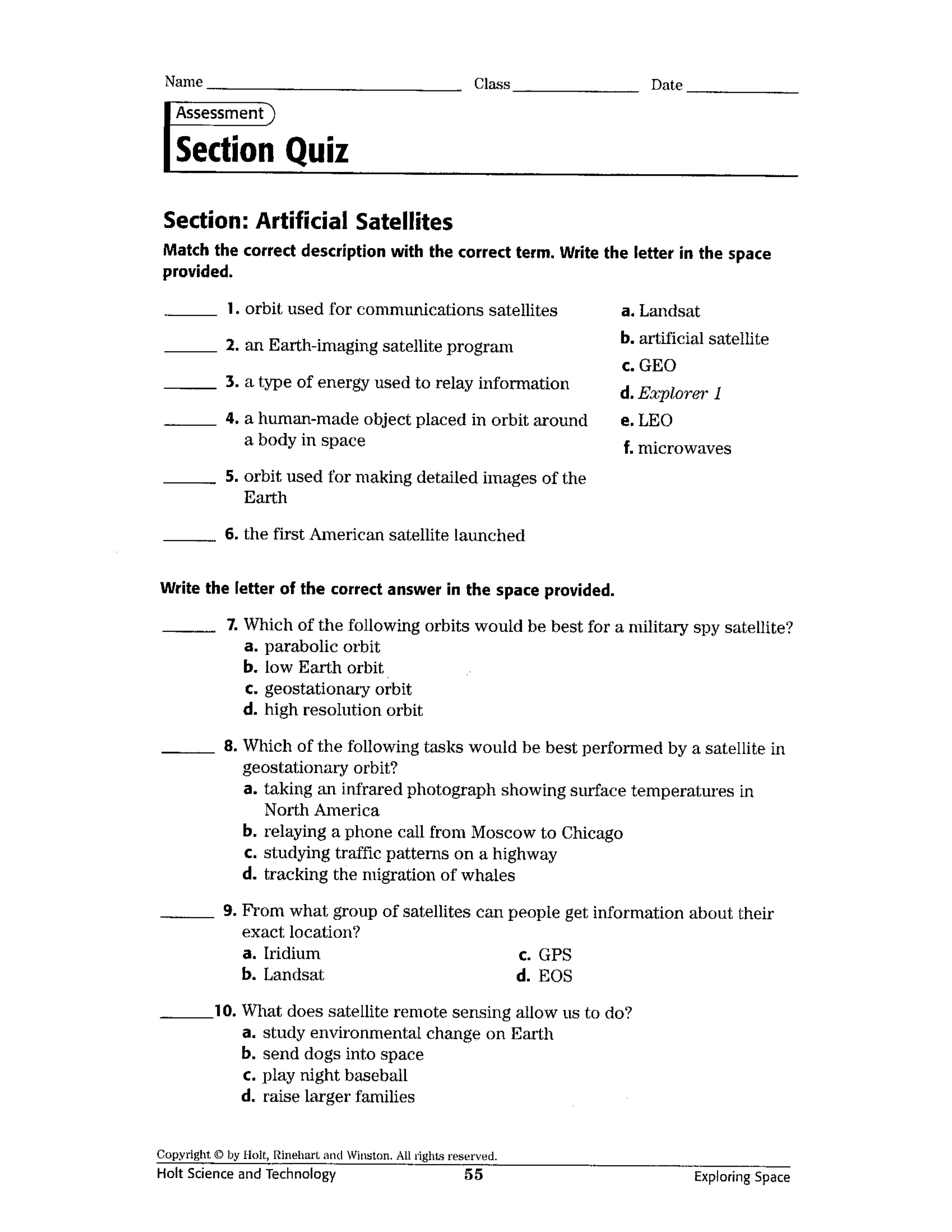 Artificial Satellites Quiz Craig Fisher Library Formative
