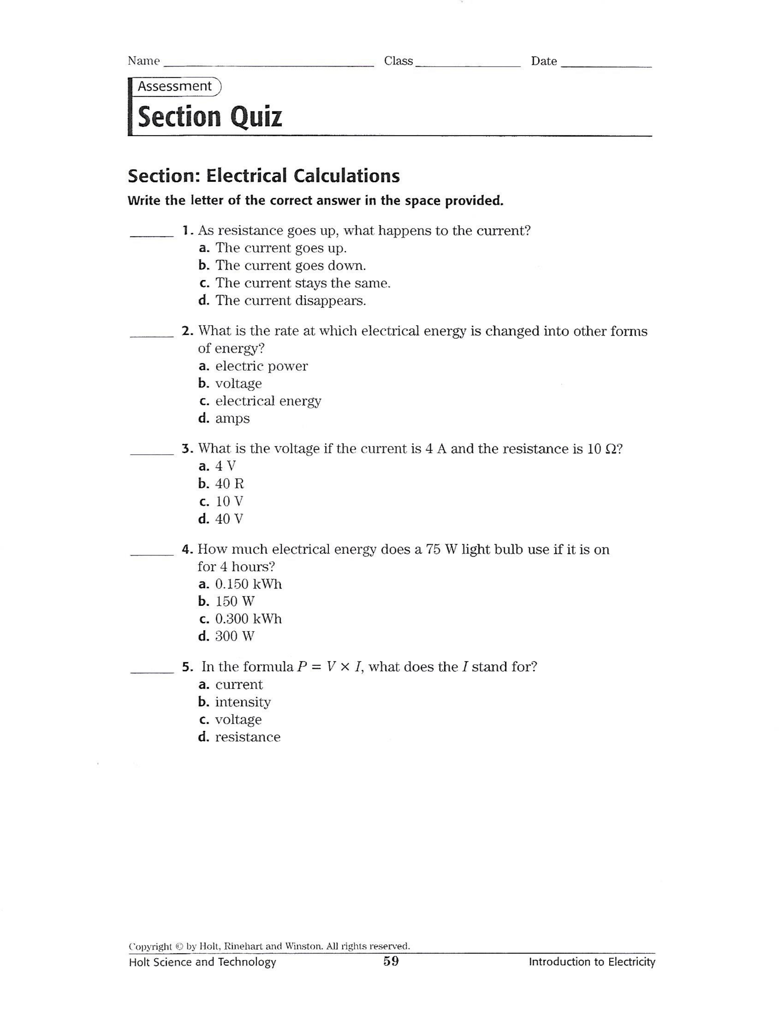 Electrical Calculations Quiz Craig Fisher Library Formative