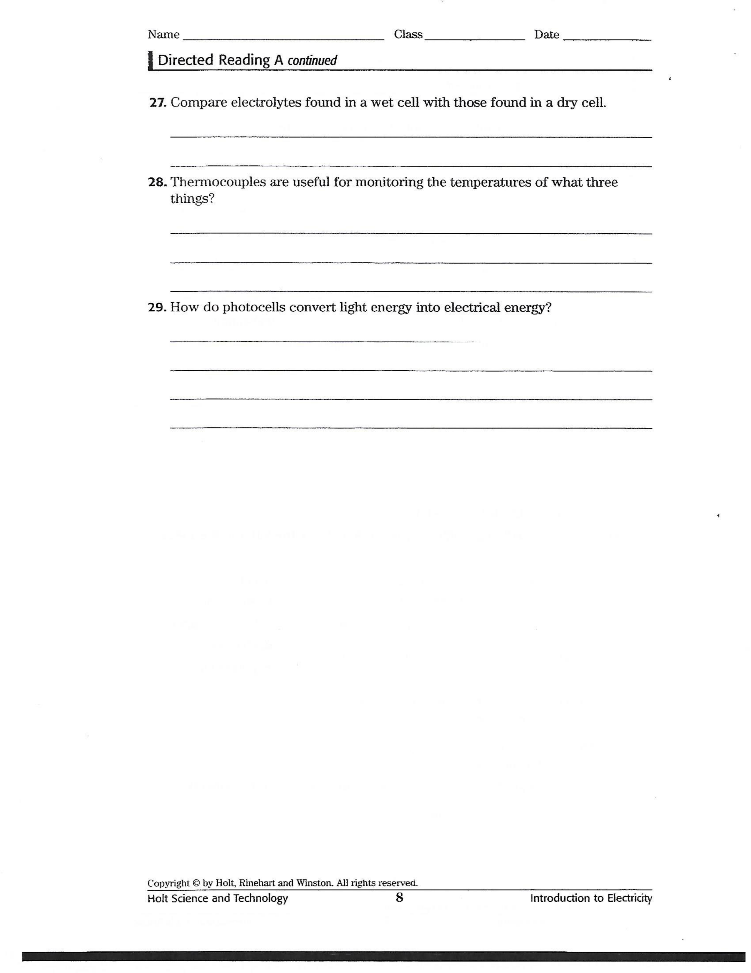 Electric Current and Electrical Energy Worksheet - Craig Fisher