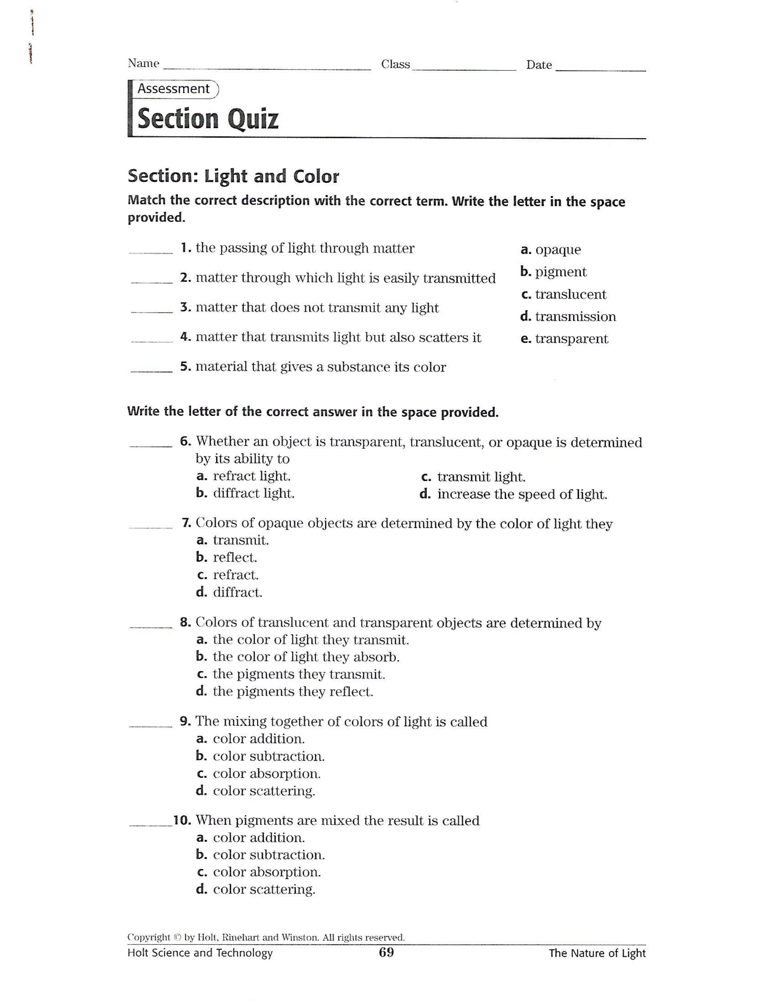 Light and Color Quiz Craig Fisher Library Formative