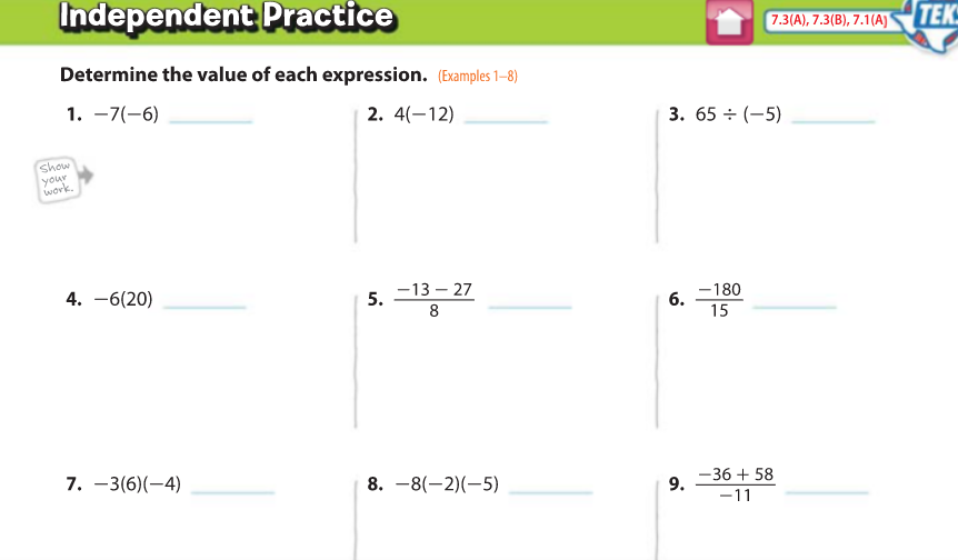 Independent Practice Page 57 multiply and divide integers
