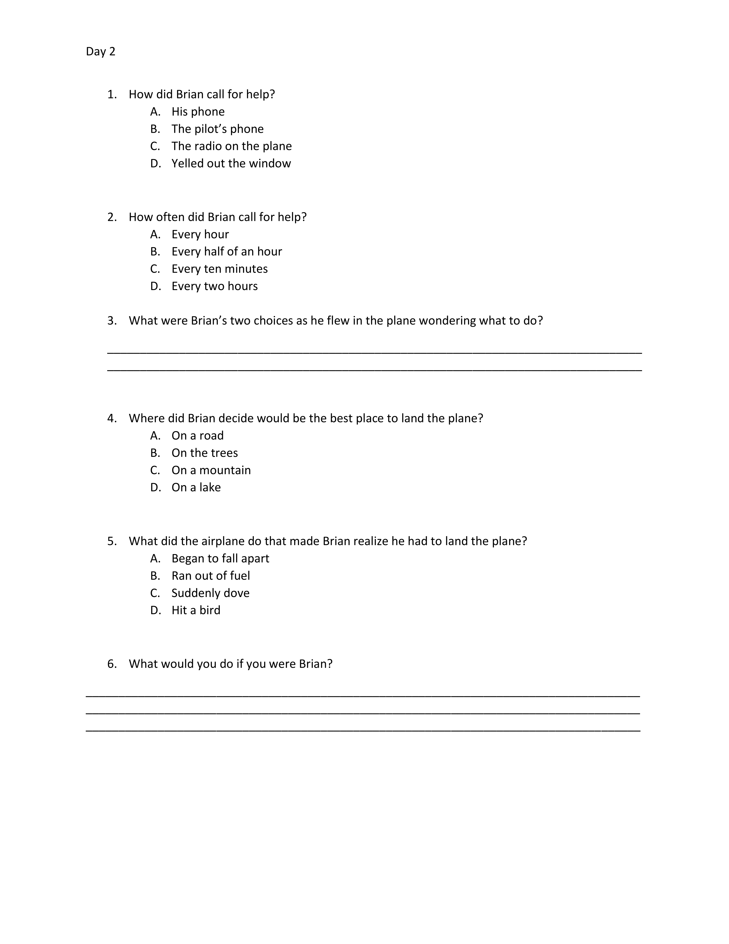 Hatchet book questions day 2 Michael Boykin Library Formative