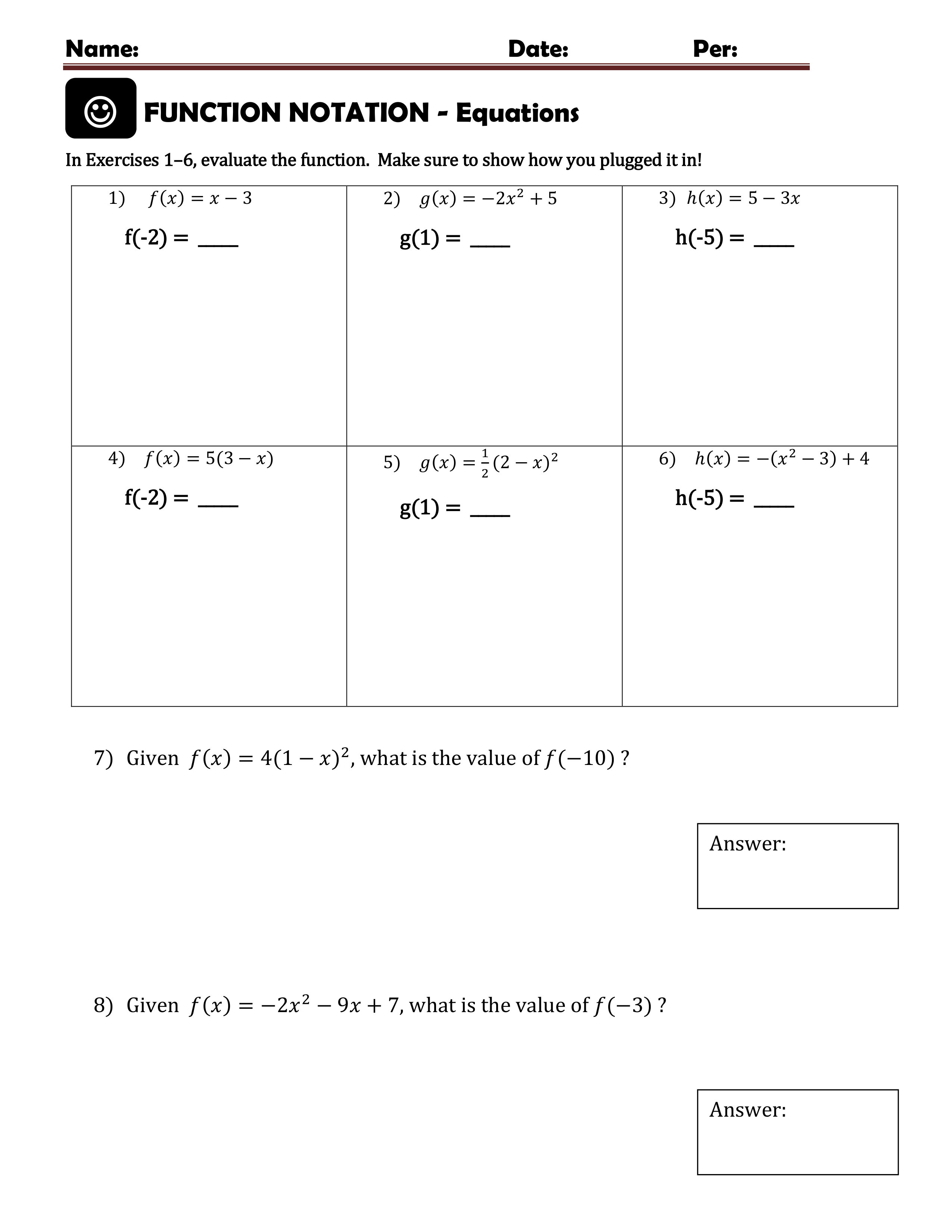 Algebra 1 function notation worksheet 2 answers picture