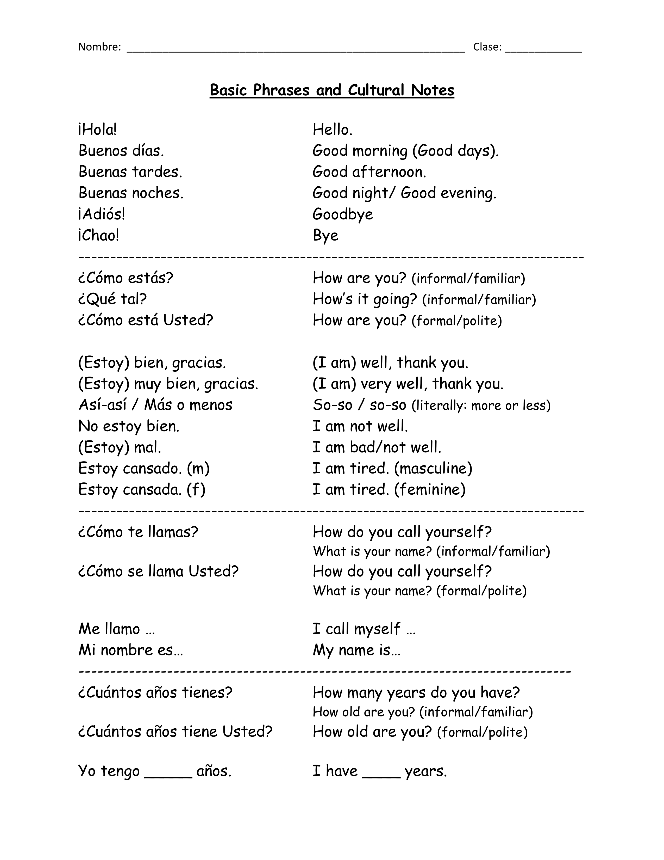 Basic Spanish Vocabulary Practice Tracy Wagner Library Formative