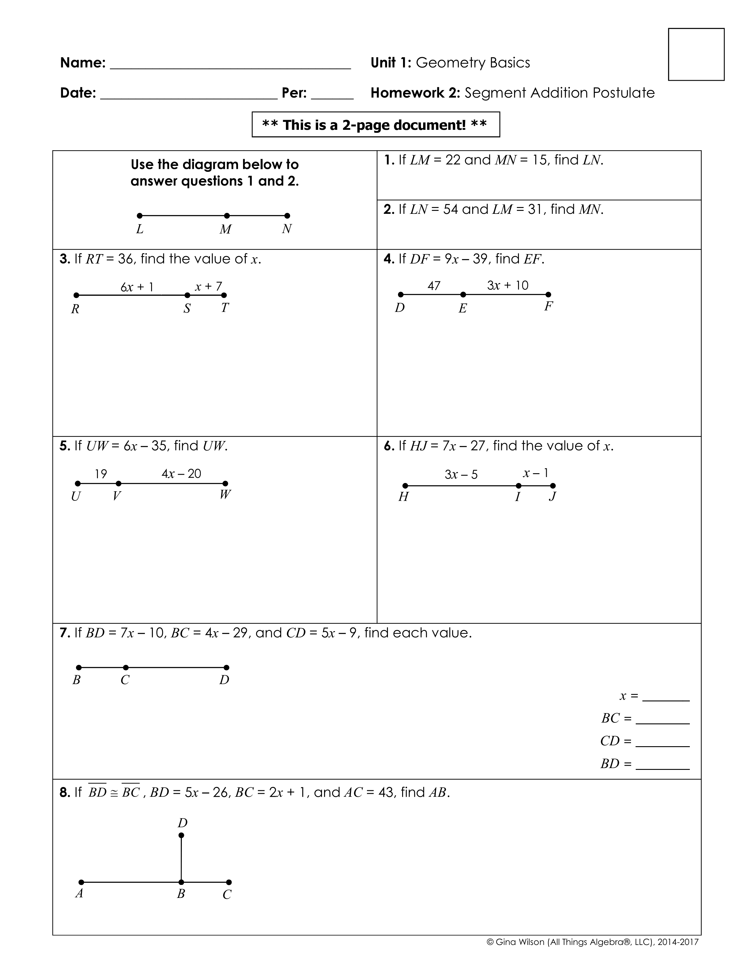 segment addition postulate worksheet homework 2