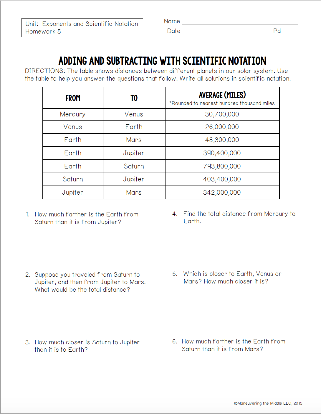Unit 2 Lesson 6 Homework Adding And Subtracting W Scientific Notation