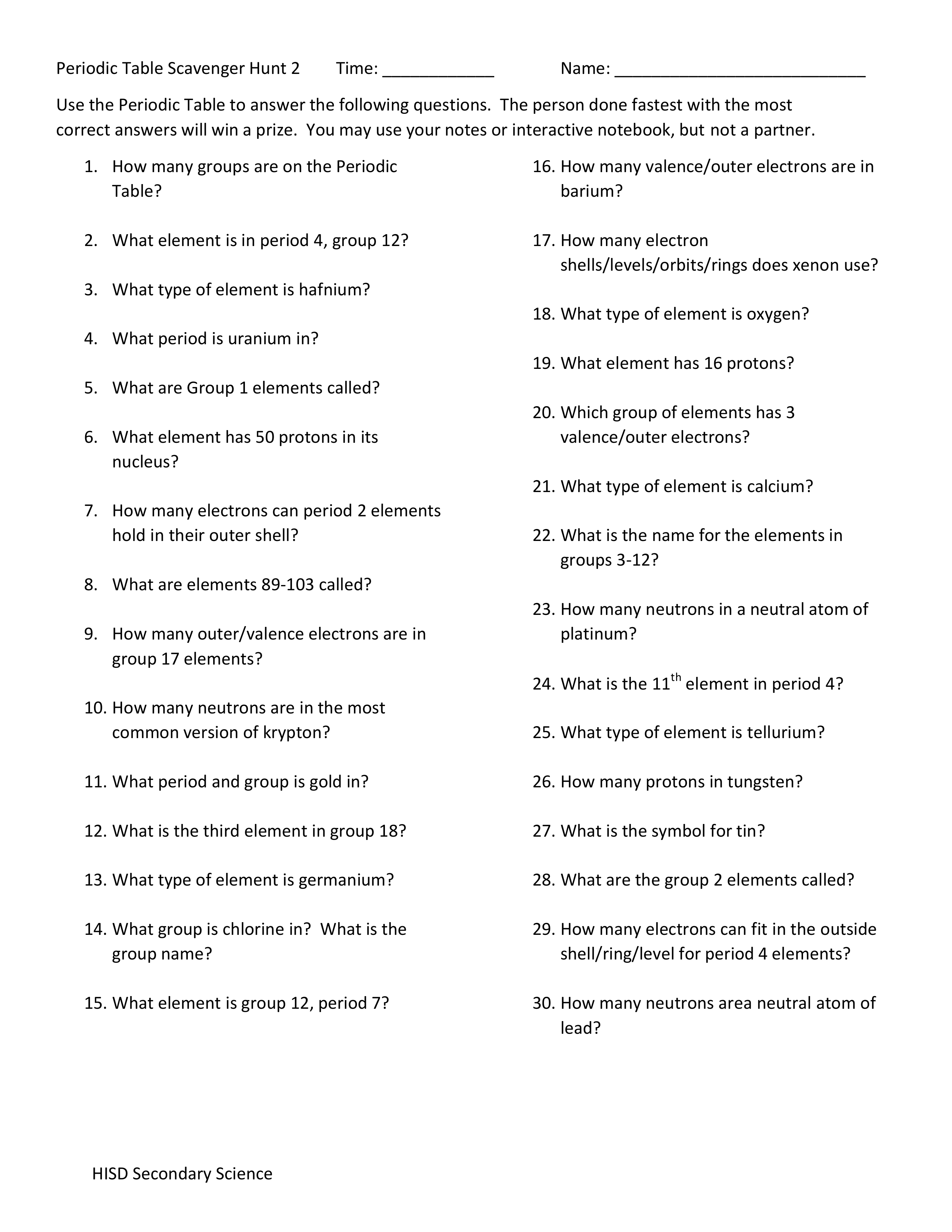 Periodic Table Scavenger Hunt Worksheet