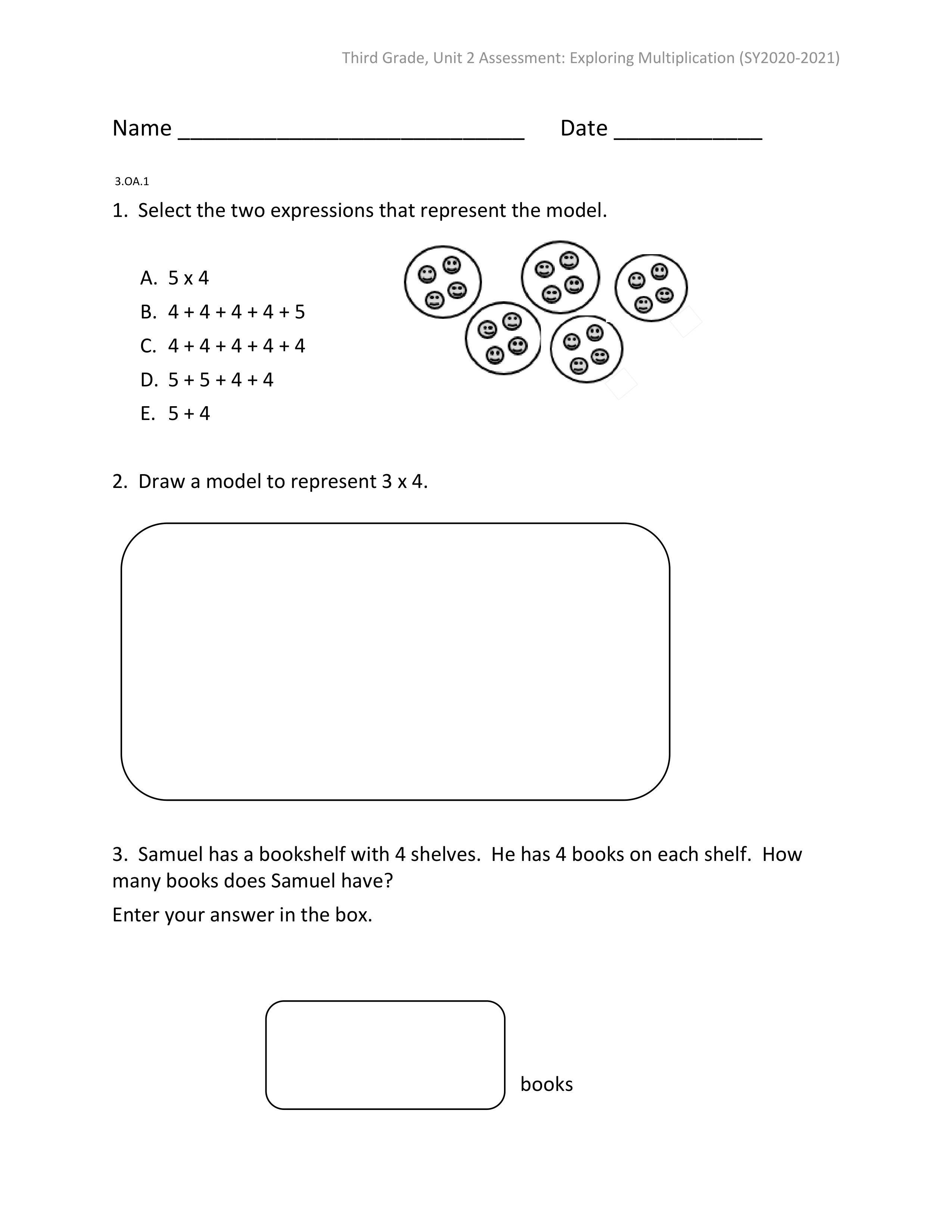 Third Grade, Unit 2 Assessment: Exploring Multiplication ...