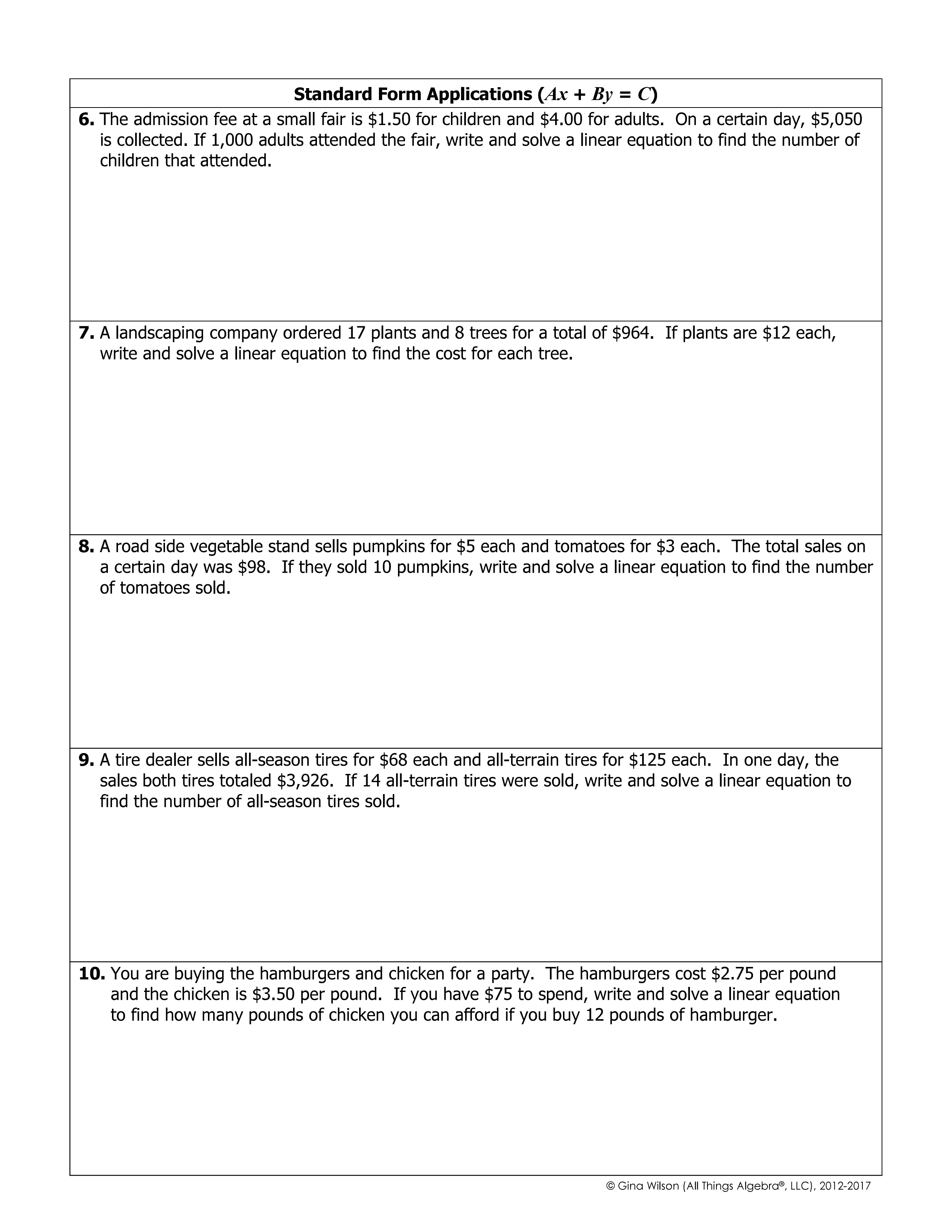 WORD PROBLEMS Slope Intercept Standard Form Ashley Dauzat Library 