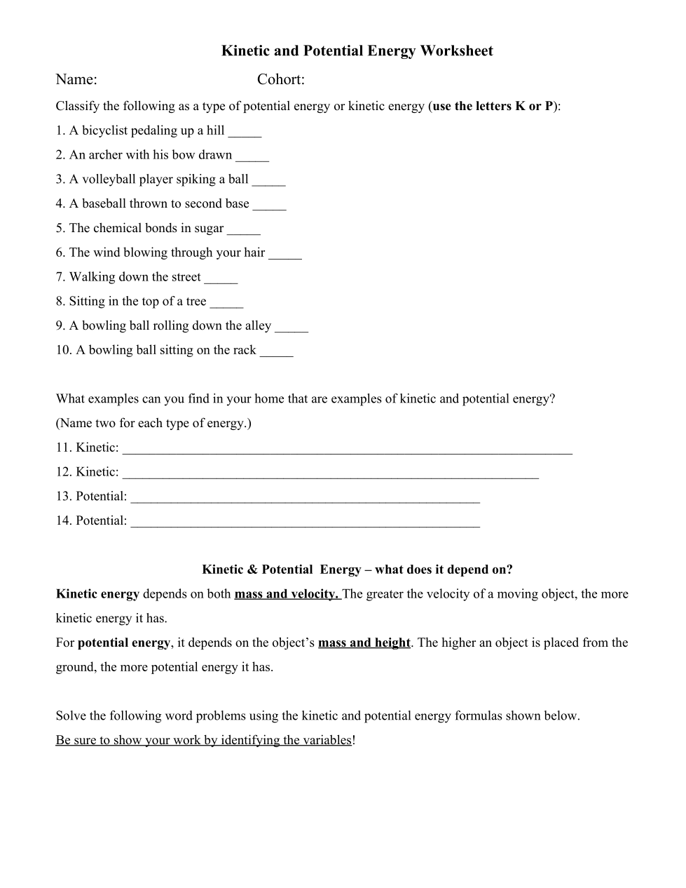 Kinetic Potential Energy Worksheet Acquarelli Joe Acquarelli