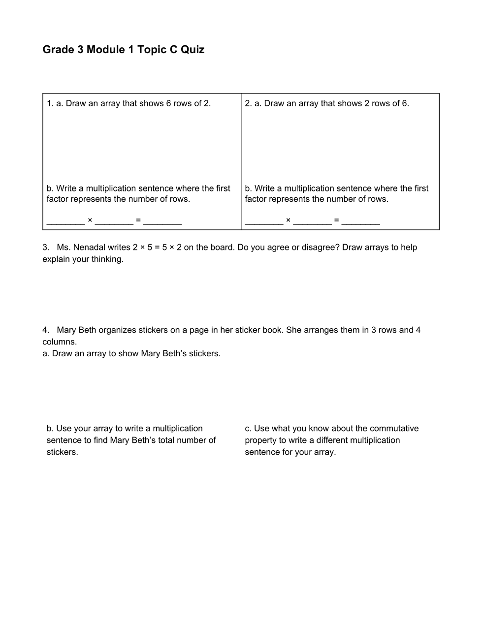Grade 3 Module 1 Topic C Quiz - Lindsey Packer | Library | Formative