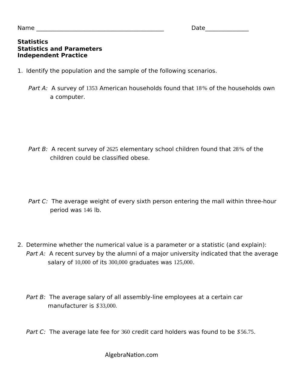 1 STATISTICS AND PARAMETERS TOPIC 1 - Hughes, Patricia | Library | Formative