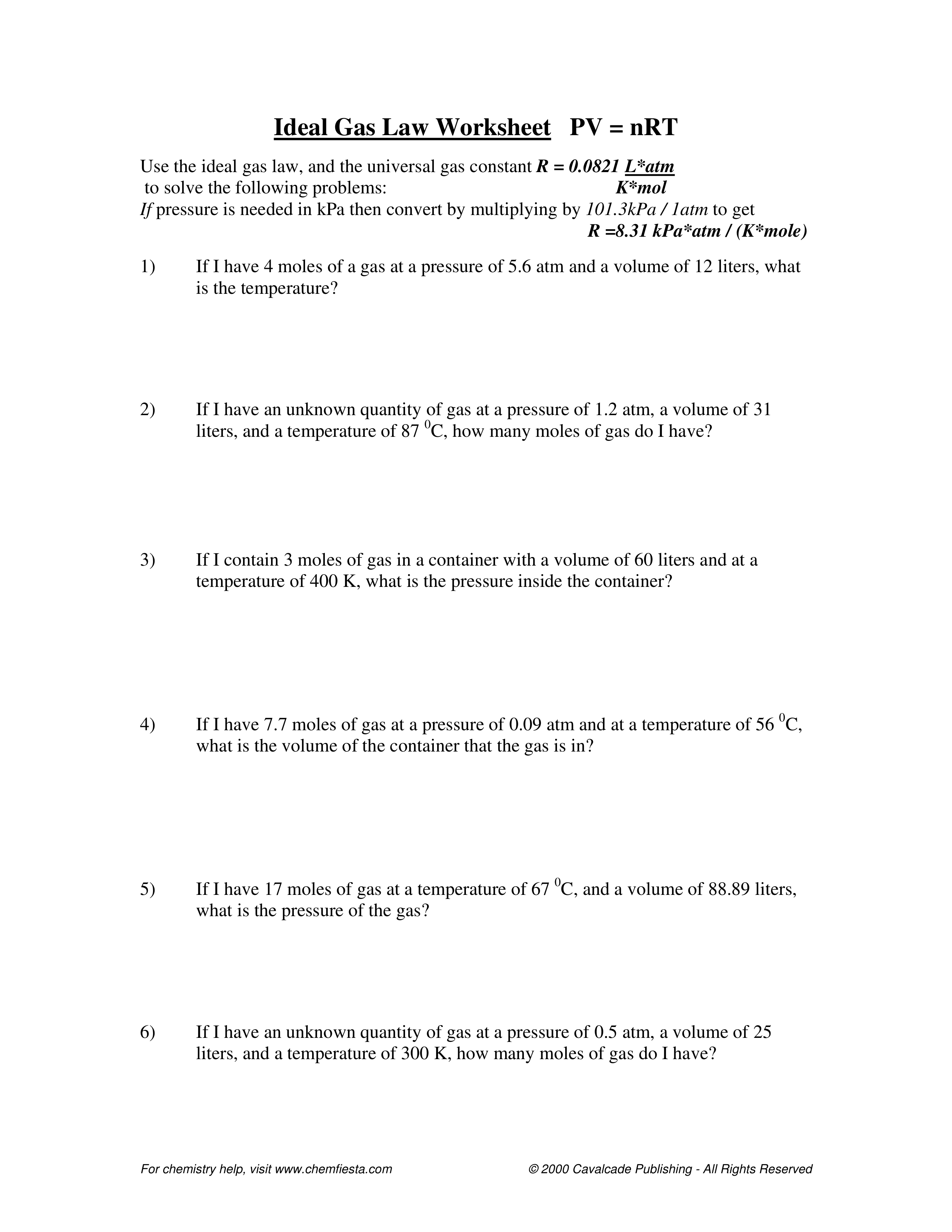 Ideal Gas Law Worksheet - Alicia Barrett | Library | Formative