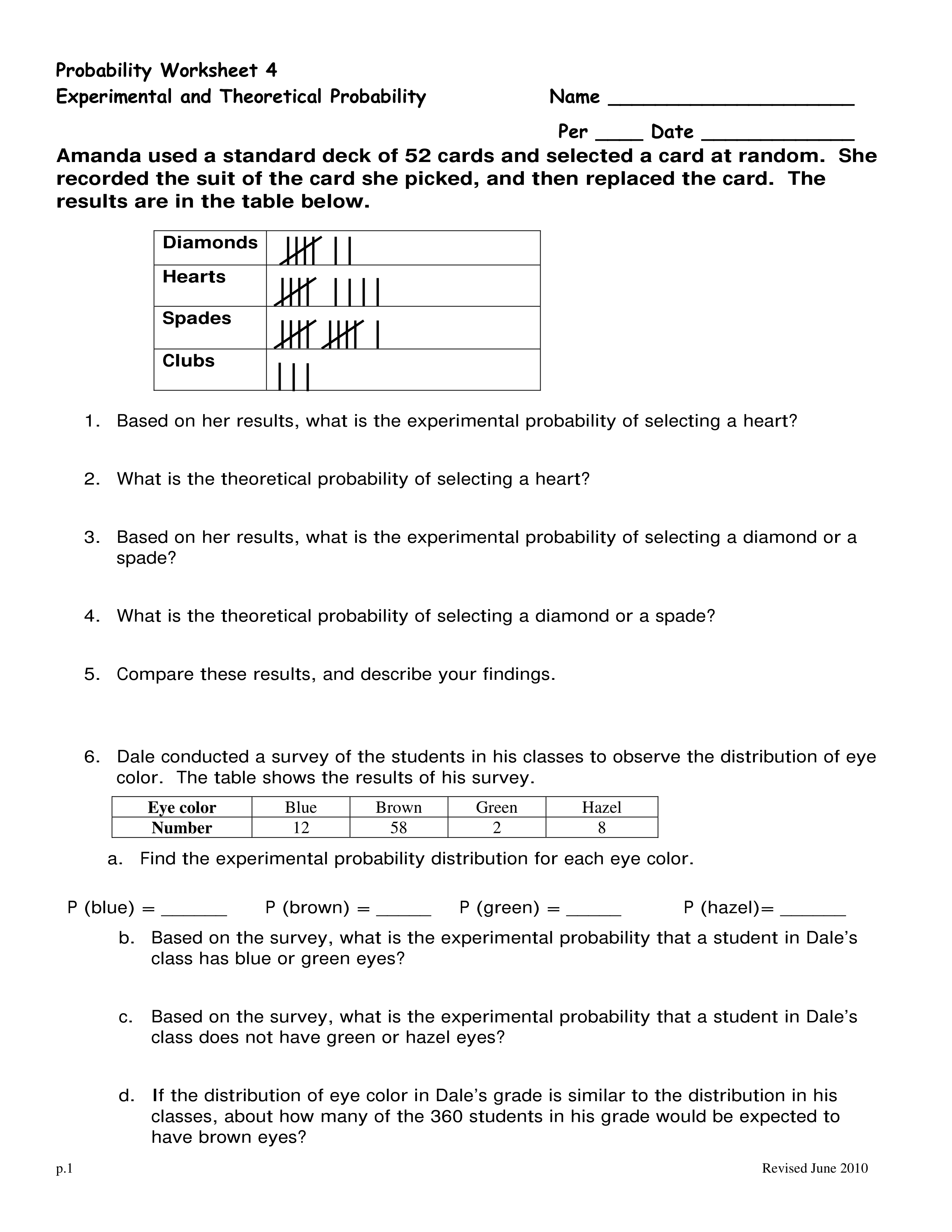 Probability Worksheet 4 - Experimental vs. Theoretical - Ellie Keefe |  Library | Formative