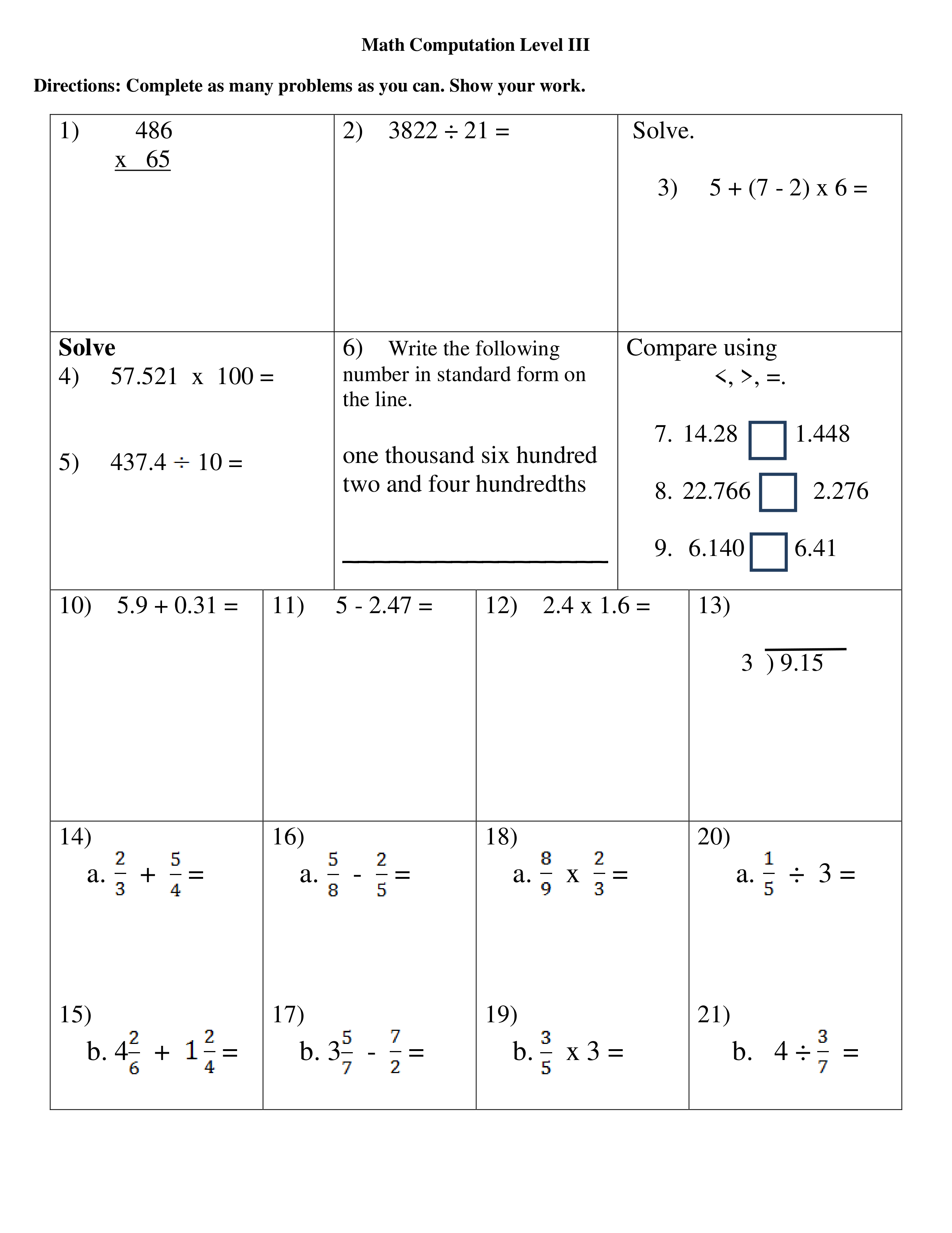 Computation Math Worksheet