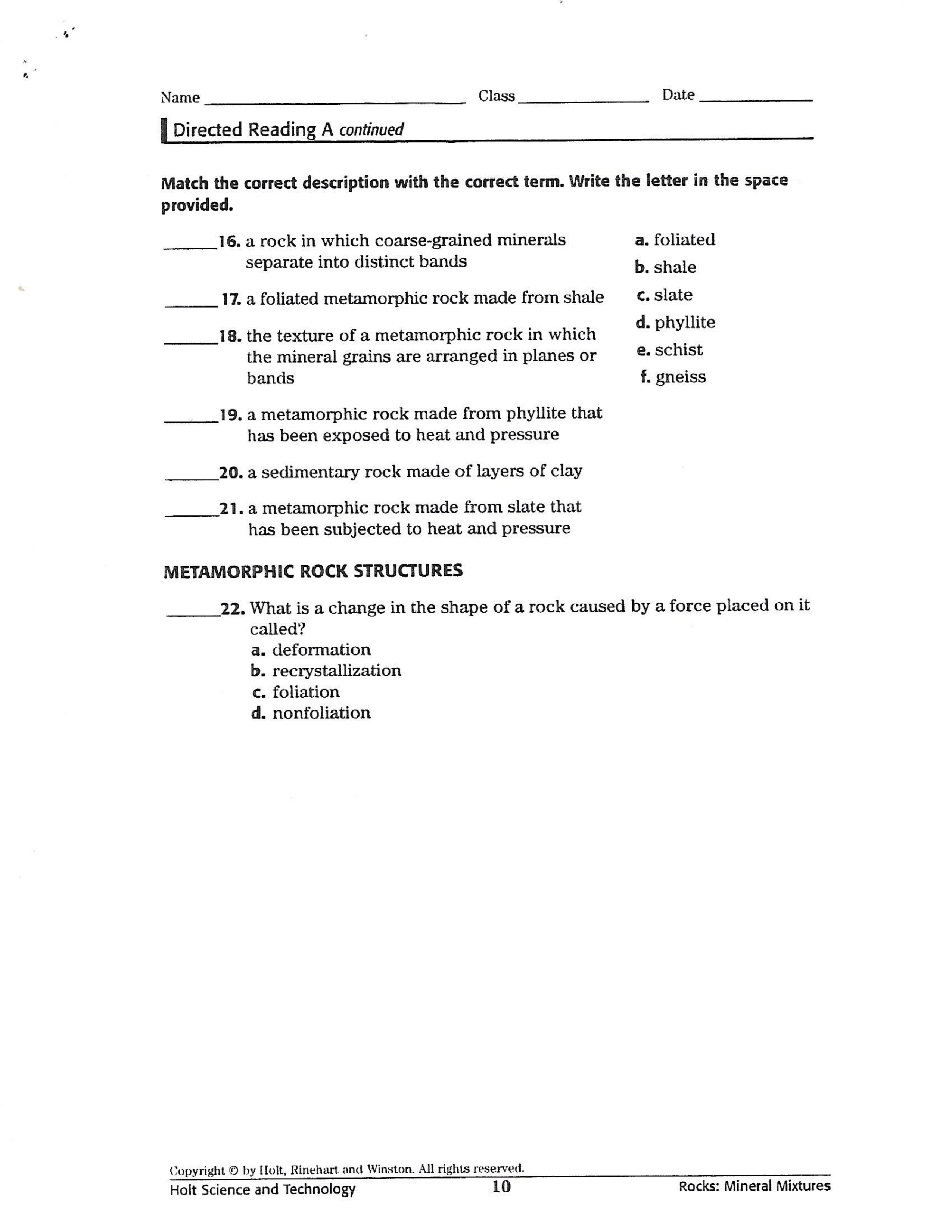 Metamorphic Rock Worksheet - Craig Fisher | Library | Formative