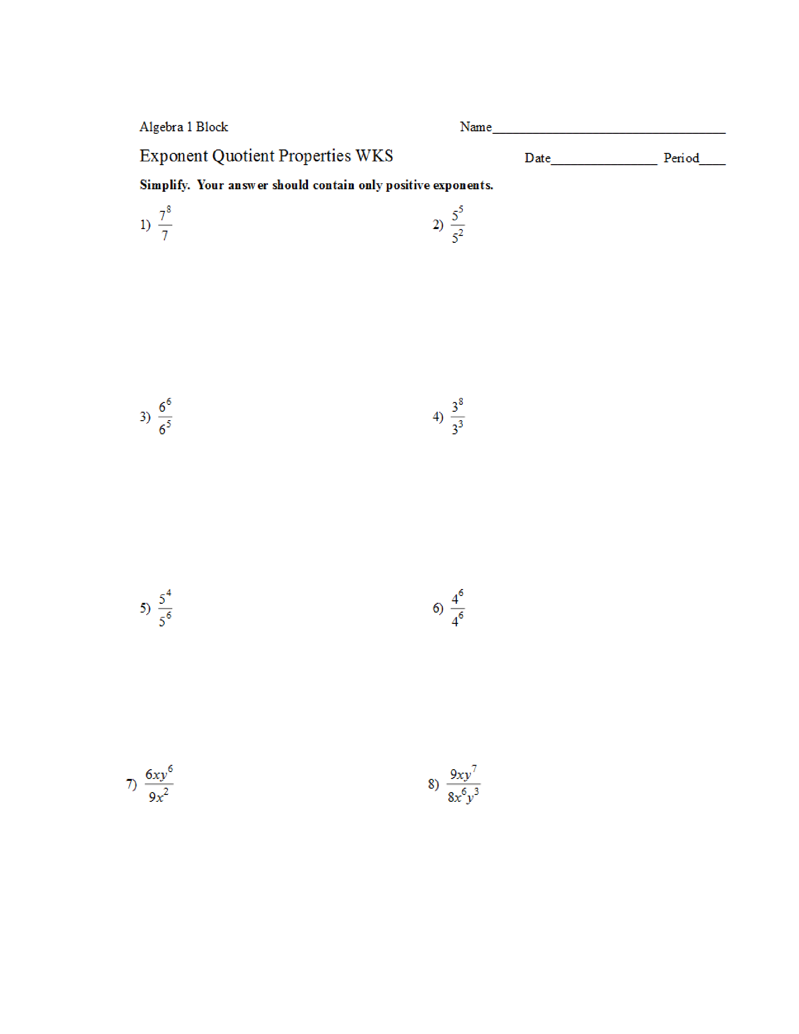 Exponent Quotient Properties Practice Math Teachers Library Formative